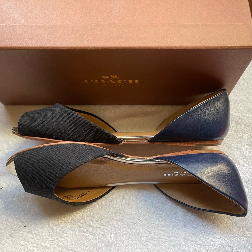 COACH flats. NEW! Black fabric toe with navy leather heel